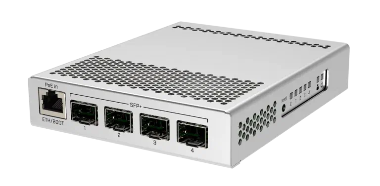 The MikroTik CRS305-1G-4S+IN, a compact fanless switch with four SFP+ ports